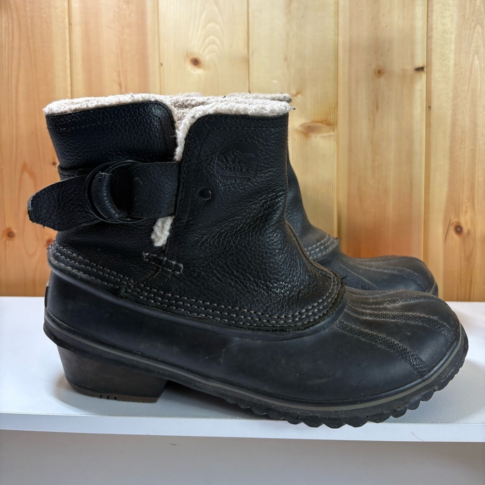 SOREL womens Black Leather Ankle Boots Chunk NL2135-010 Winter Snow Size 9